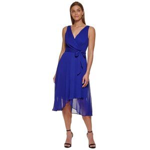 Dkny Womens Size 6 Blue Chiffon High-Low Sleeveless V-Neck Tie Waist Midi Dress